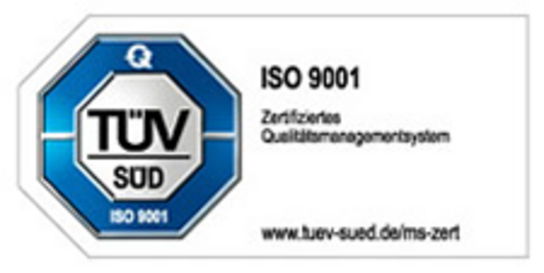Text TÜV Süd auf weißem Grund umgeben von achteckigen blauen Ring in dem in weißer Schrift ISO 9001 steht